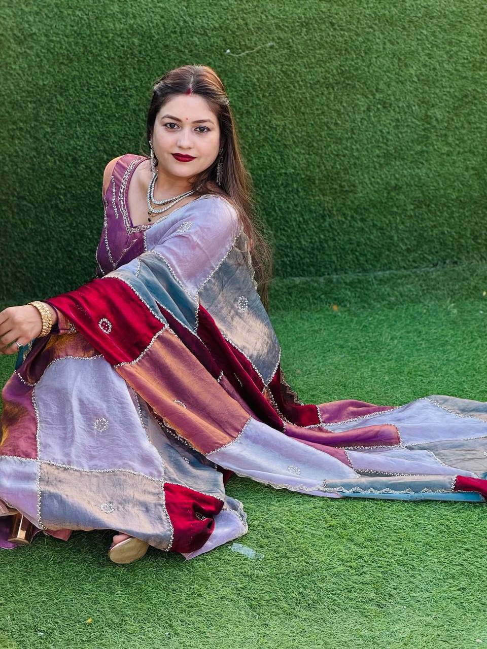 Royal Patchwork Silk Saree with Handcrafted Square Panels – Luxury Edit (2 Color Options)