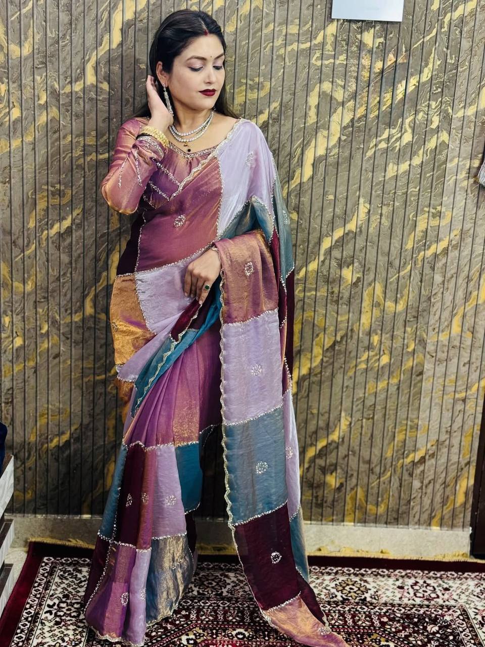 Royal Patchwork Silk Saree with Handcrafted Square Panels – Luxury Edit (2 Color Options)