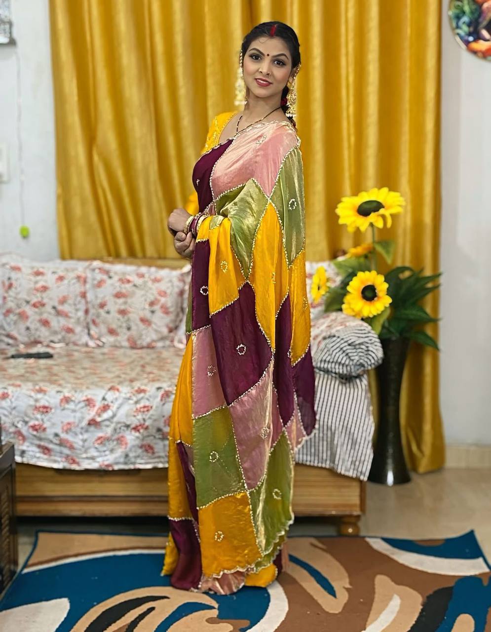 Royal Patchwork Silk Saree with Handcrafted Square Panels – Luxury Edit (2 Color Options)