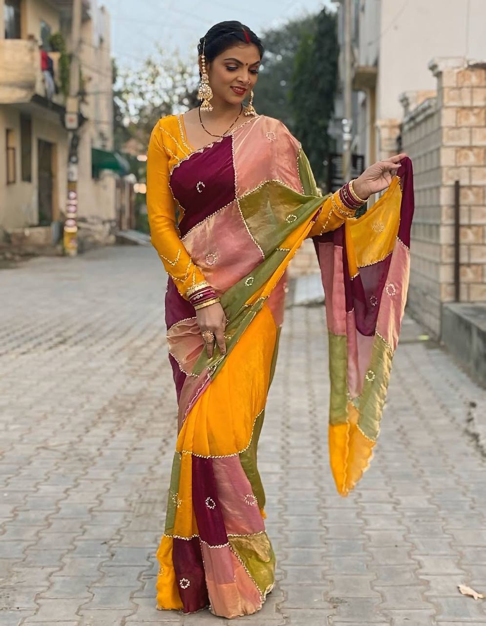 Royal Patchwork Silk Saree with Handcrafted Square Panels – Luxury Edit (2 Color Options)