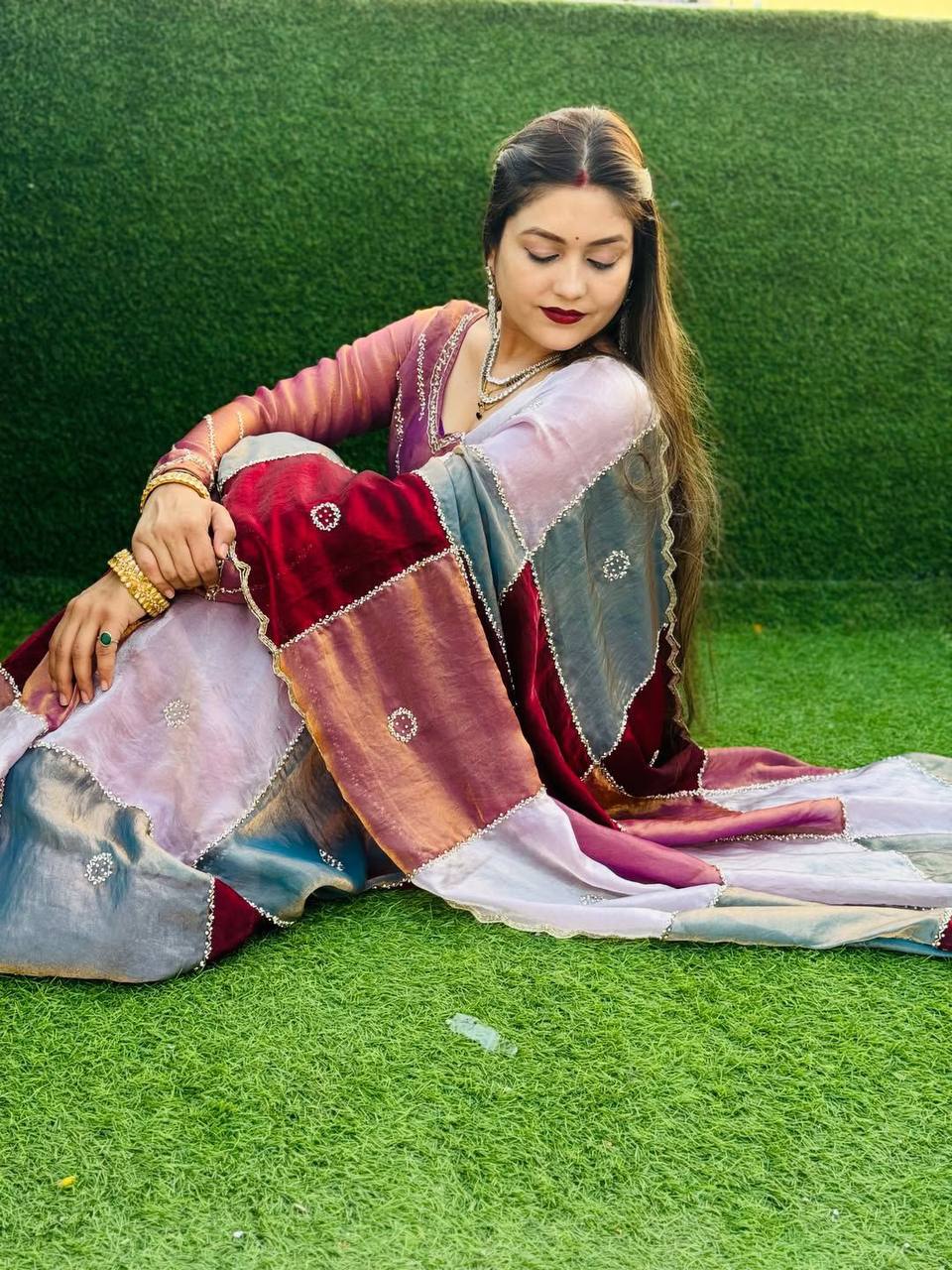 Royal Patchwork Silk Saree with Handcrafted Square Panels – Luxury Edit (2 Color Options)