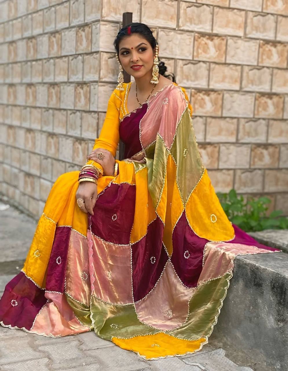 Royal Patchwork Silk Saree with Handcrafted Square Panels – Luxury Edit (2 Color Options)