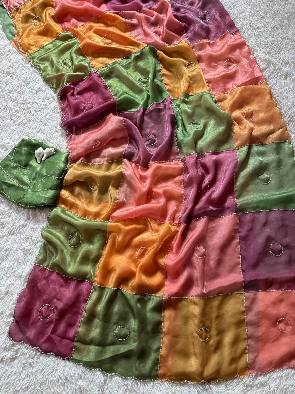 Royal Patchwork Silk Saree with Handcrafted Square Panels – Luxury Edit (2 Color Options)