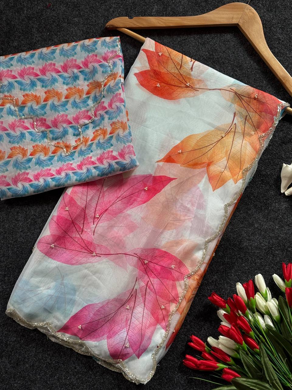 Ivory Whisper Organza Saree with Multicolor Leaf Motifs & Pearl Finish Border