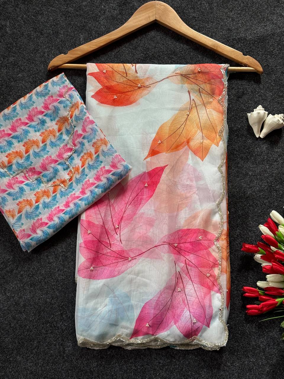 Ivory Whisper Organza Saree with Multicolor Leaf Motifs & Pearl Finish Border