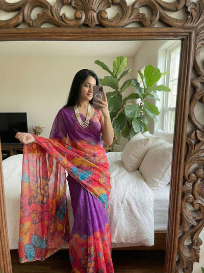 Crimson Garden Organza Saree with Royal Wine Pallu & Hand-Beaded Scallop Border