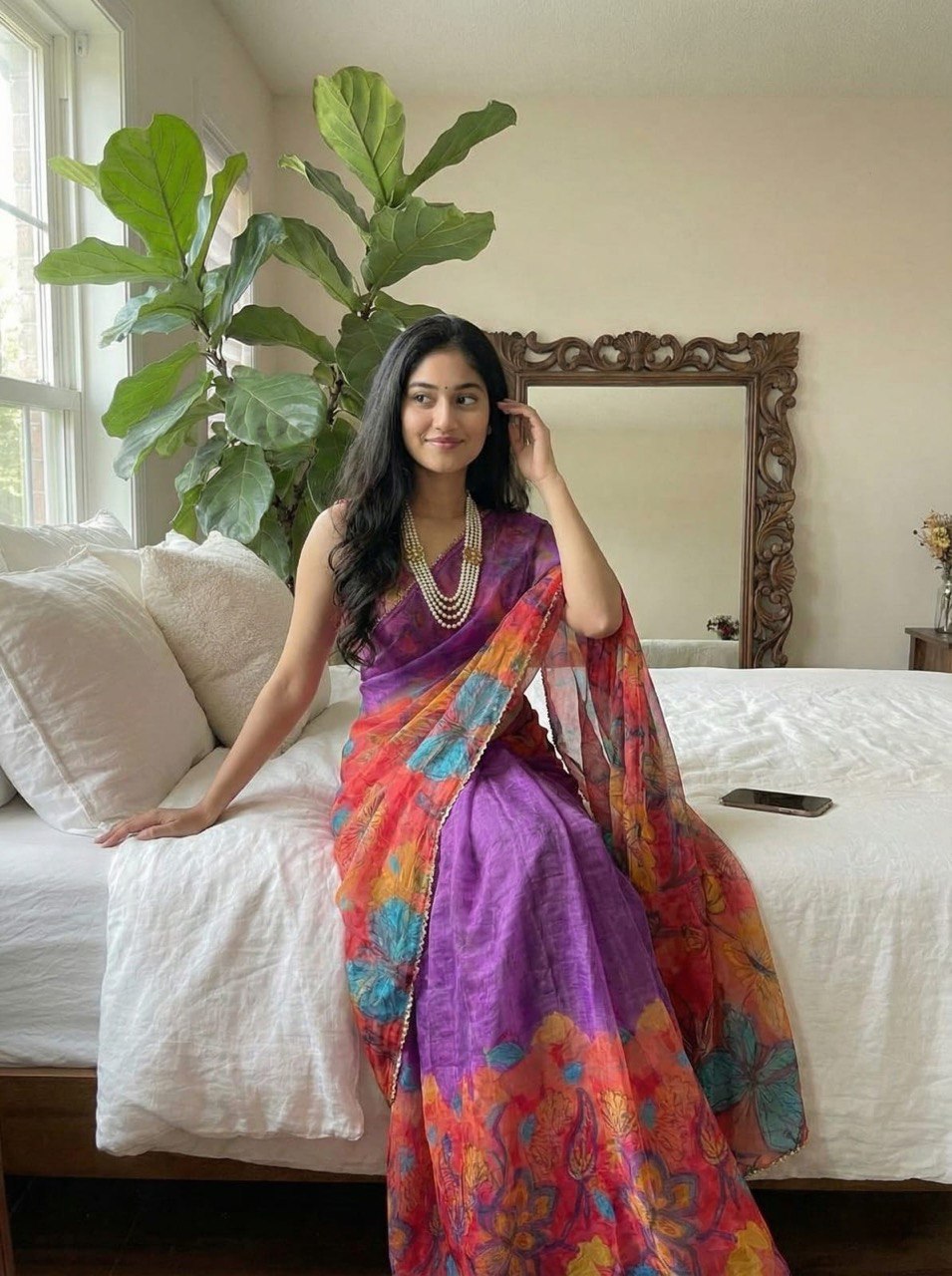 Crimson Garden Organza Saree with Royal Wine Pallu & Hand-Beaded Scallop Border