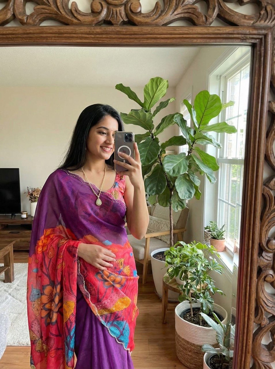 Crimson Garden Organza Saree with Royal Wine Pallu & Hand-Beaded Scallop Border