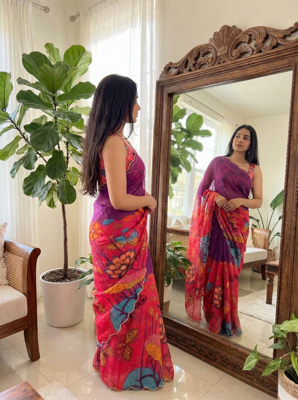 Crimson Garden Organza Saree with Royal Wine Pallu & Hand-Beaded Scallop Border