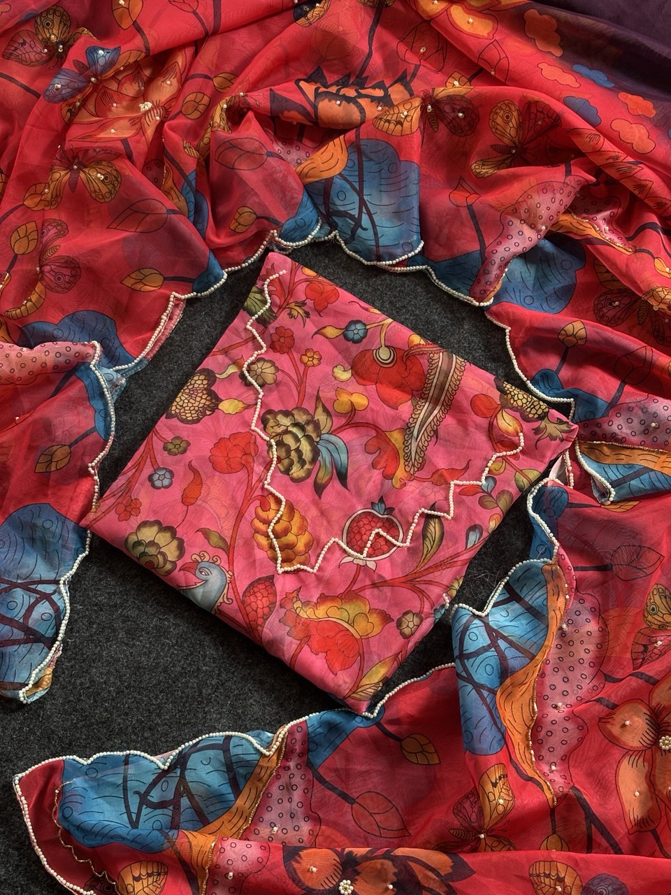 Crimson Garden Organza Saree with Royal Wine Pallu & Hand-Beaded Scallop Border