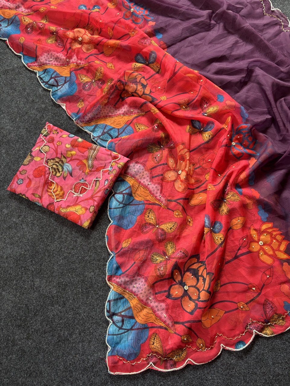 Crimson Garden Organza Saree with Royal Wine Pallu & Hand-Beaded Scallop Border