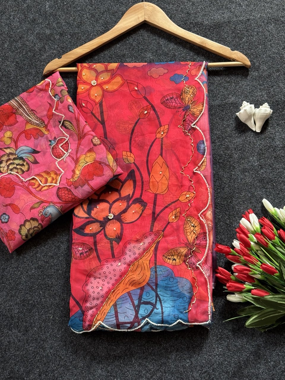 Crimson Garden Organza Saree with Royal Wine Pallu & Hand-Beaded Scallop Border