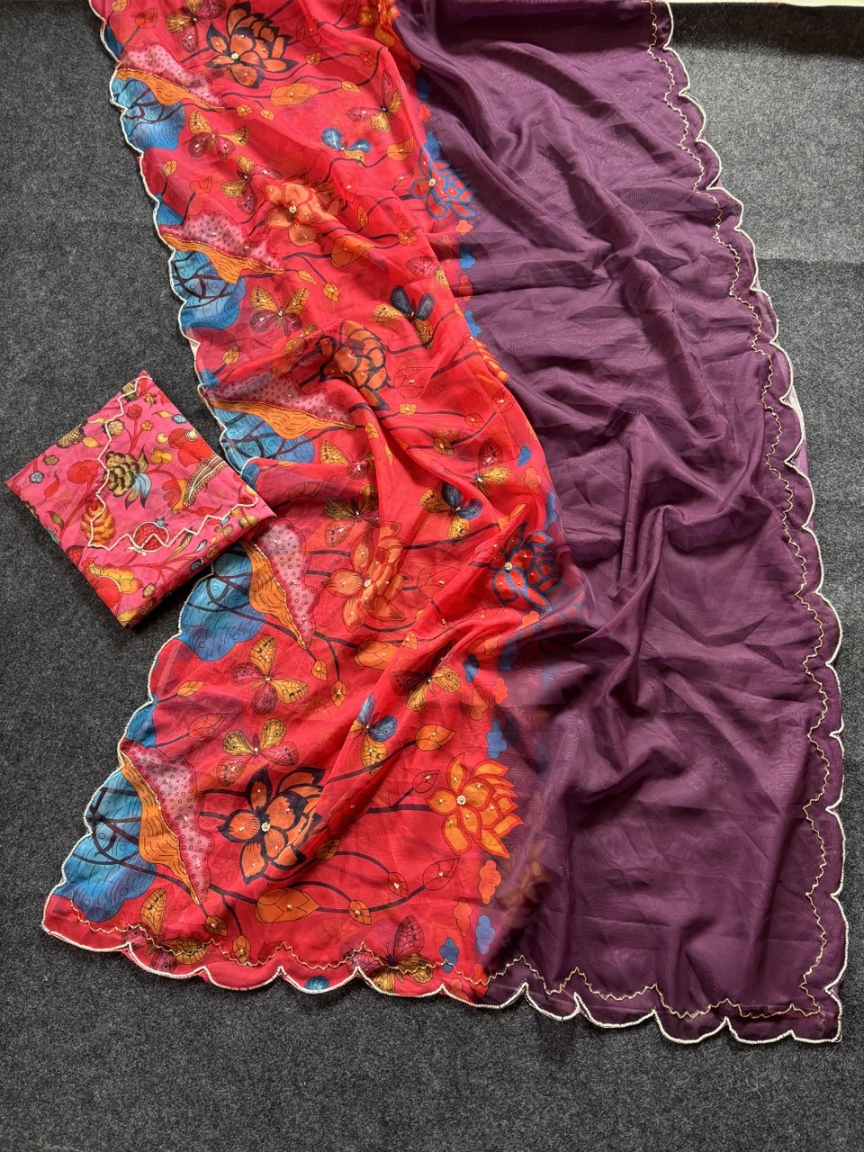 Crimson Garden Organza Saree with Royal Wine Pallu & Hand-Beaded Scallop Border