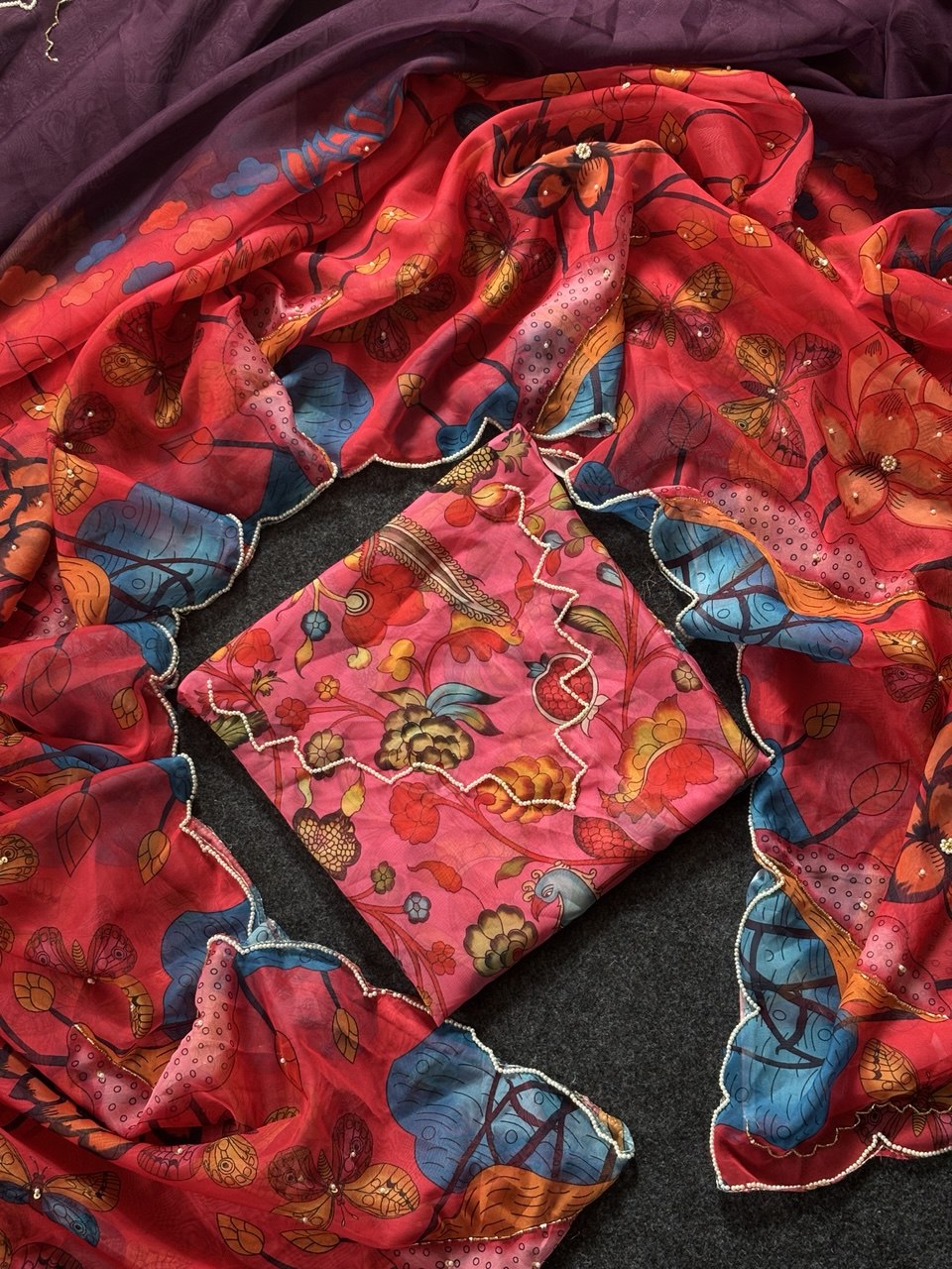 Crimson Garden Organza Saree with Royal Wine Pallu & Hand-Beaded Scallop Border