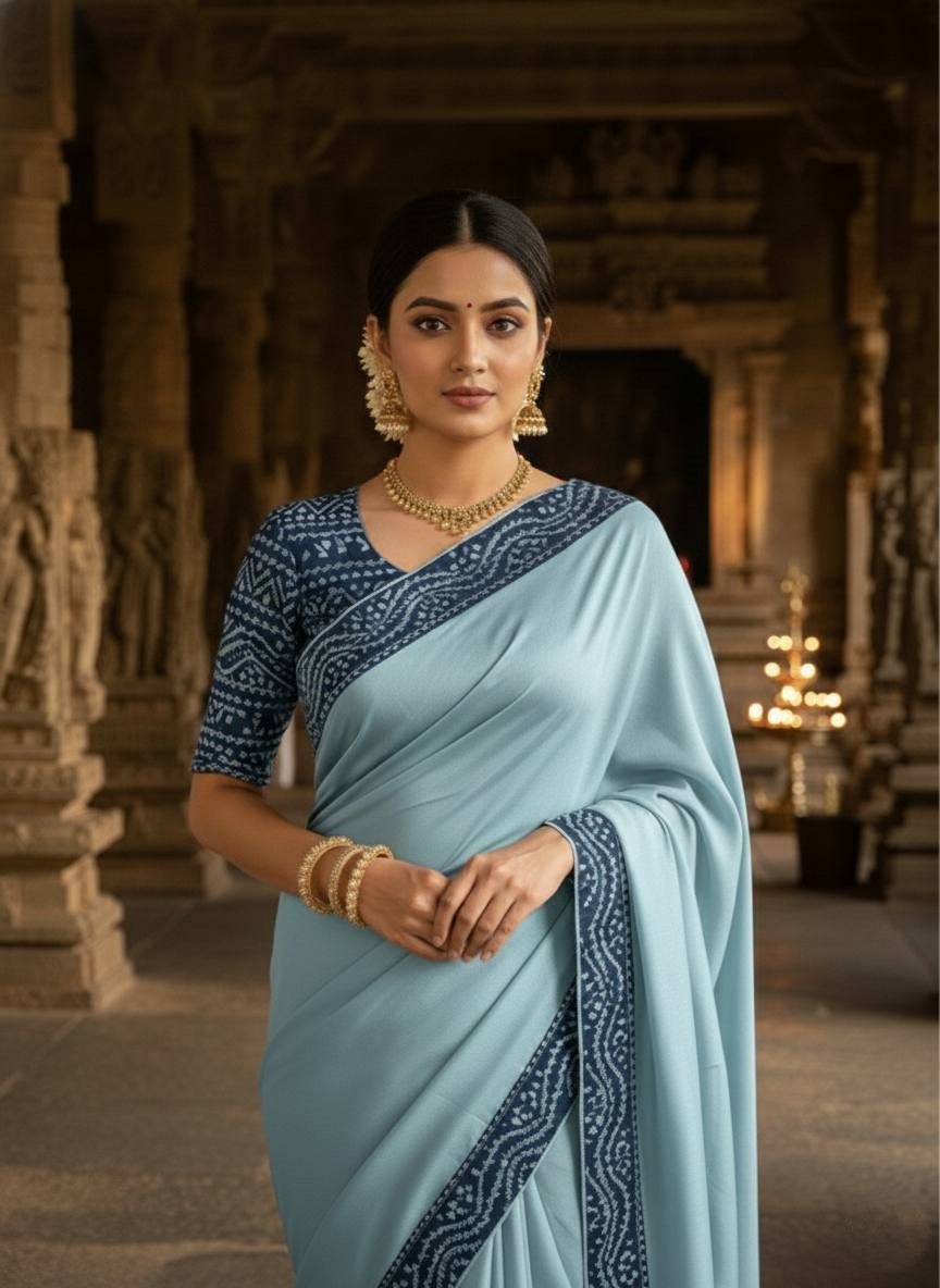 Silken Grace Satin Saree with Bandhani-Inspired Border - 4 Color Options