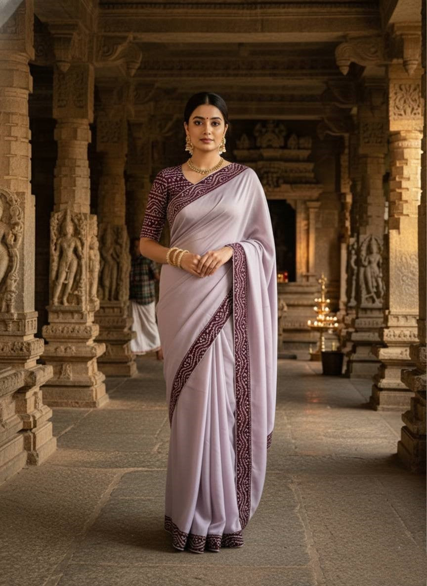 Silken Grace Satin Saree with Bandhani-Inspired Border - 4 Color Options