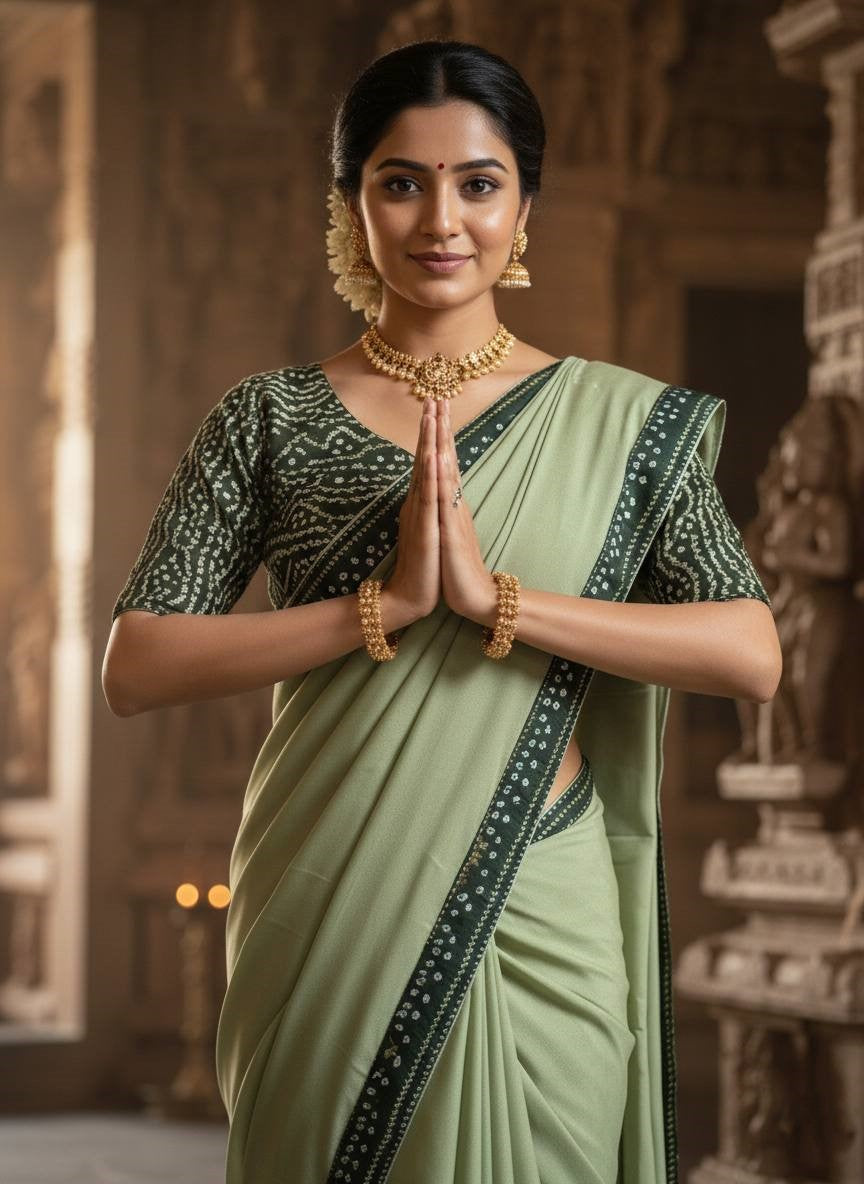 Silken Grace Satin Saree with Bandhani-Inspired Border - 4 Color Options