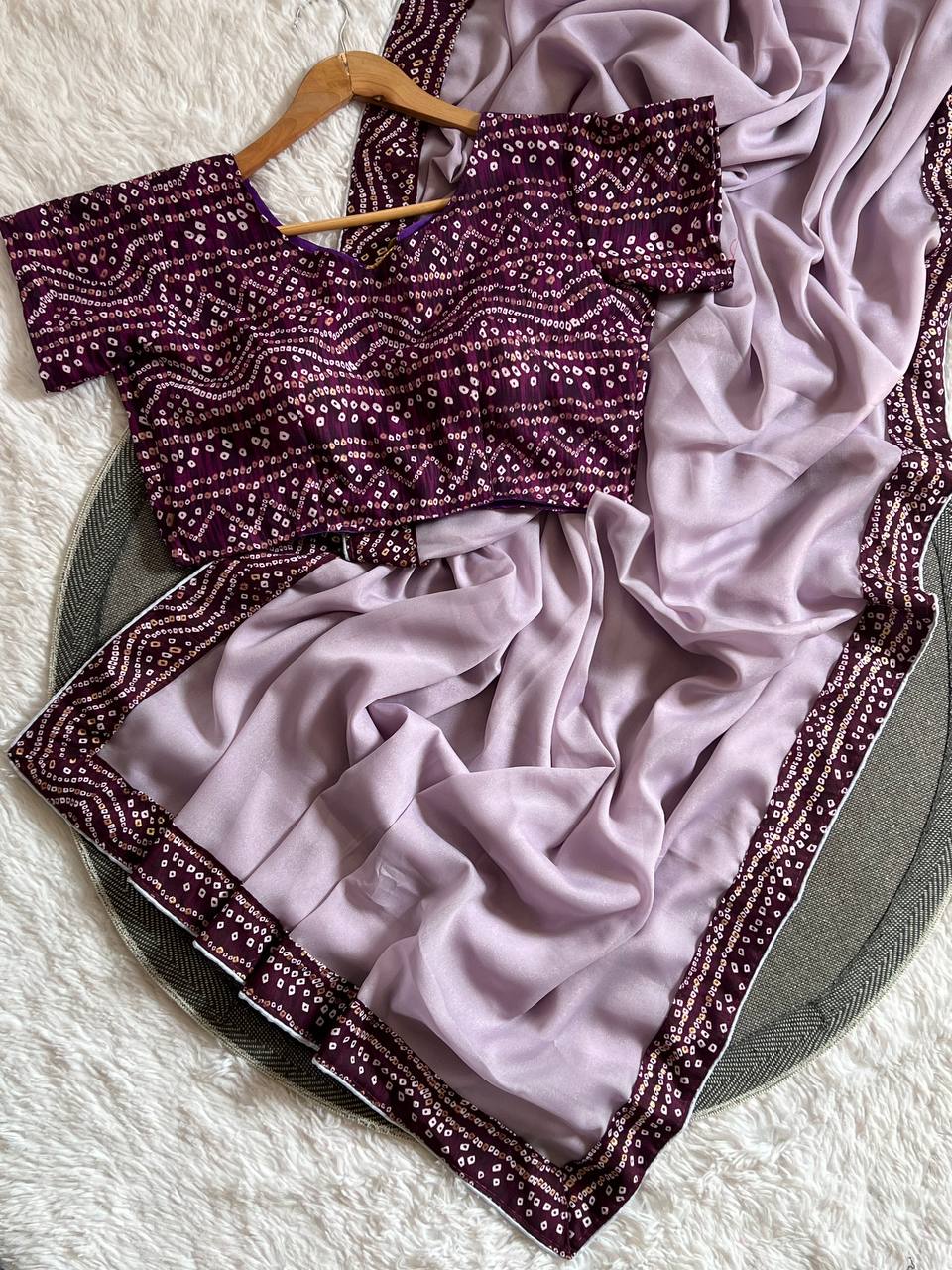 Silken Grace Satin Saree with Bandhani-Inspired Border - 4 Color Options