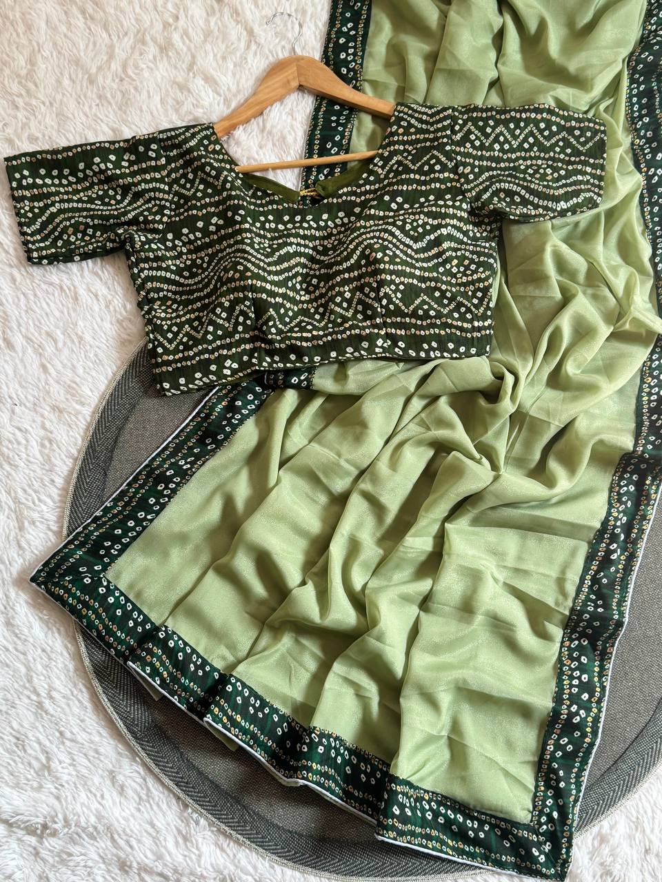 Silken Grace Satin Saree with Bandhani-Inspired Border - 4 Color Options