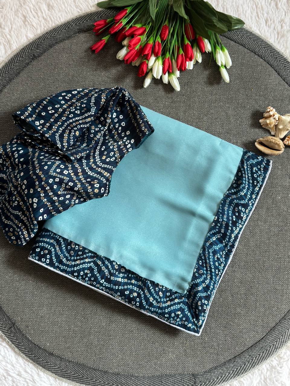 Silken Grace Satin Saree with Bandhani-Inspired Border - 4 Color Options