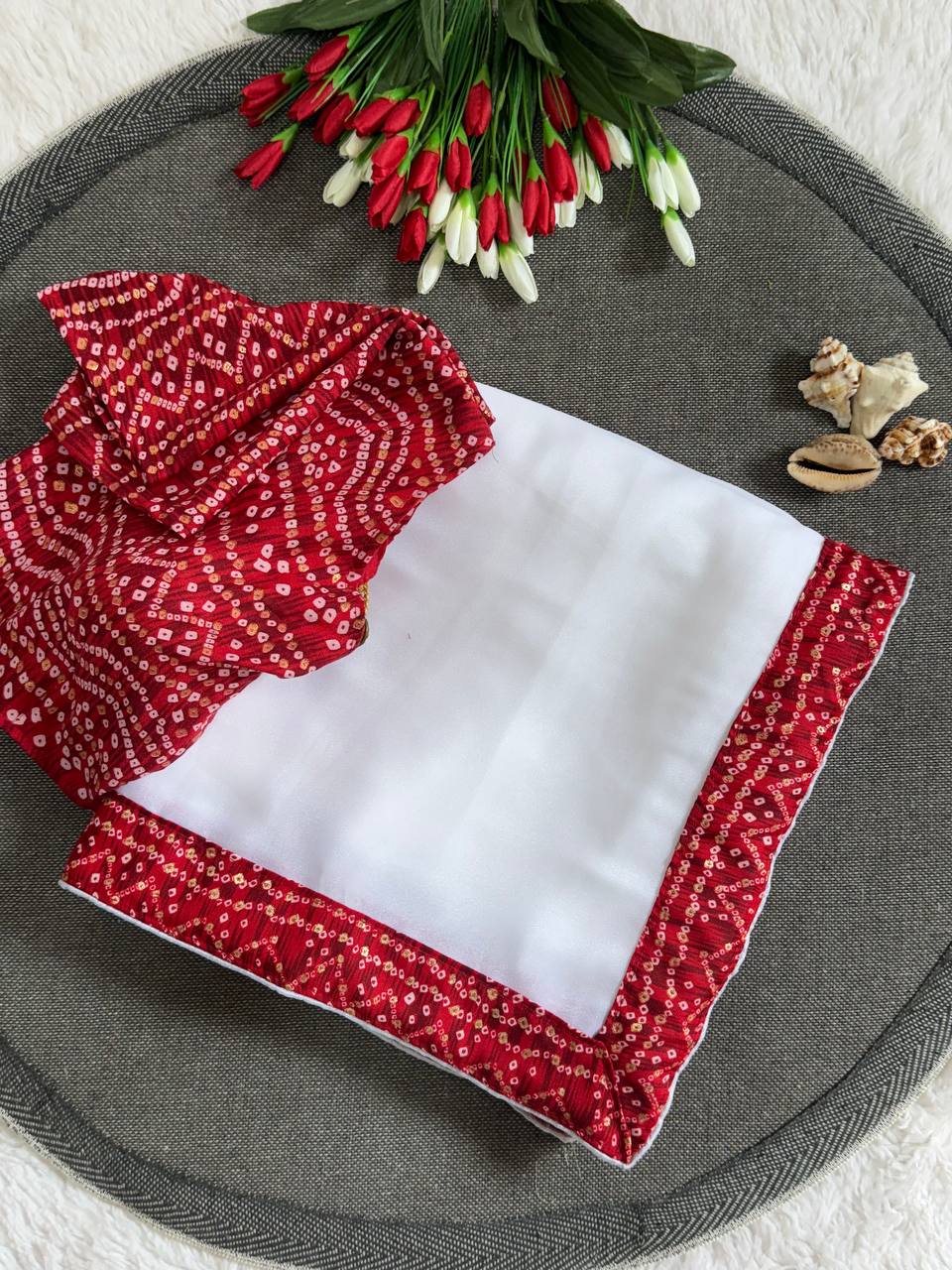 Silken Grace Satin Saree with Bandhani-Inspired Border - 4 Color Options