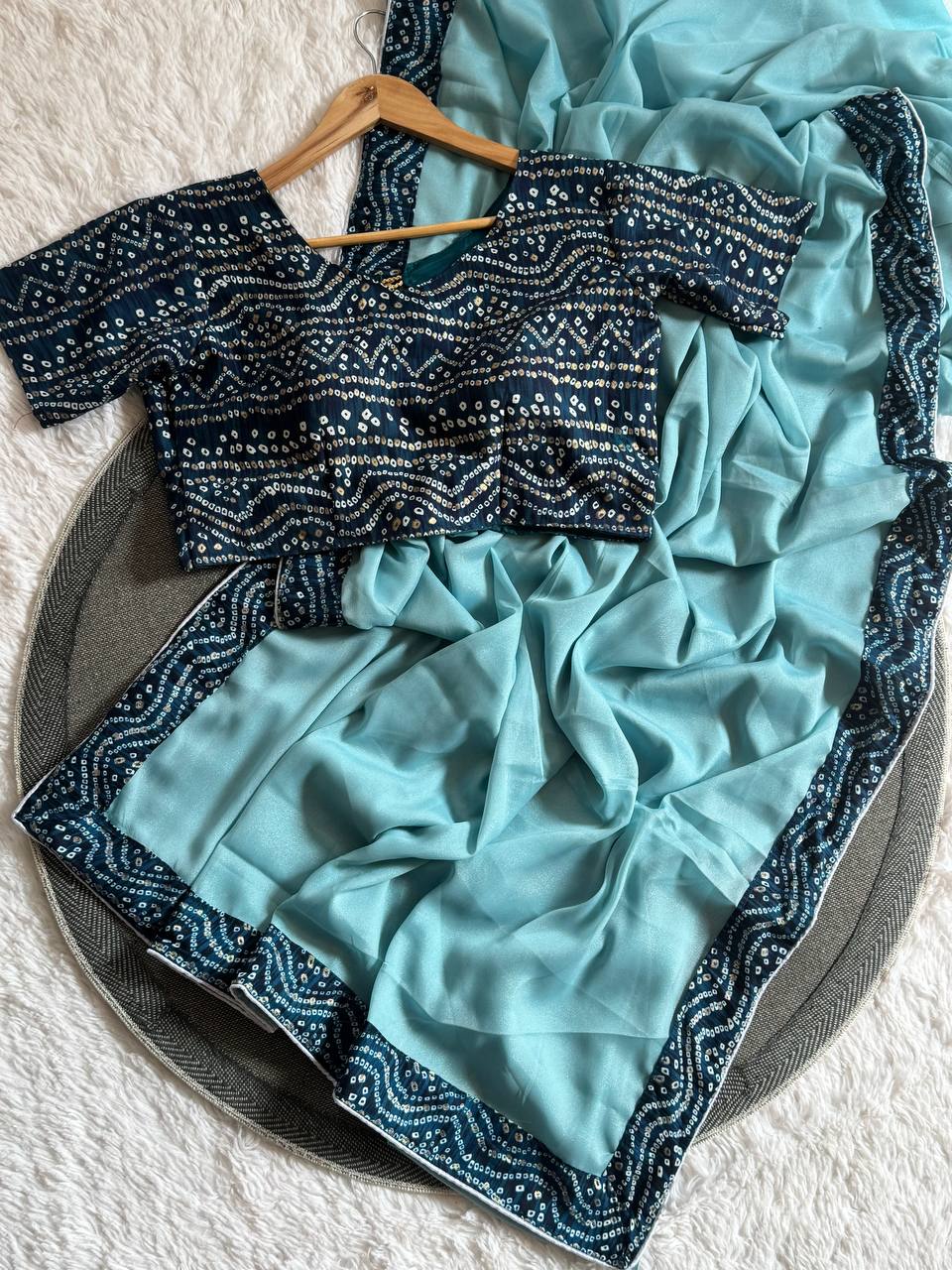 Silken Grace Satin Saree with Bandhani-Inspired Border - 4 Color Options