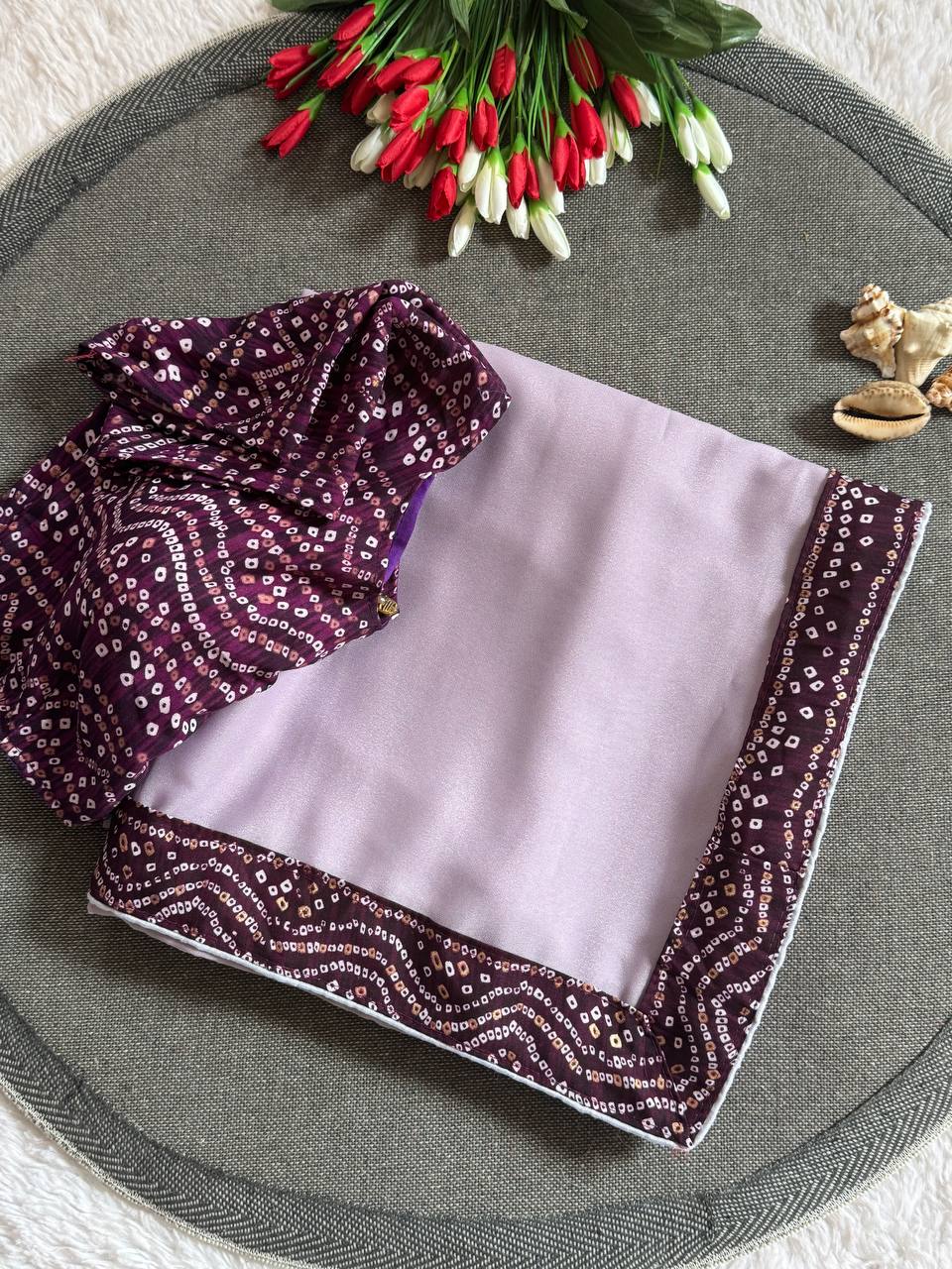 Silken Grace Satin Saree with Bandhani-Inspired Border - 4 Color Options