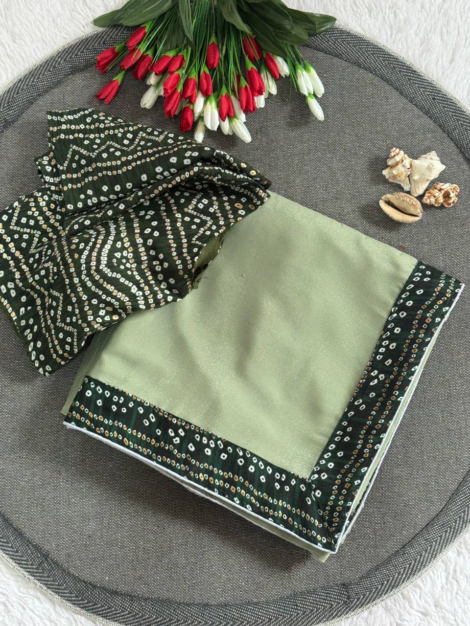 Silken Grace Satin Saree with Bandhani-Inspired Border - 4 Color Options