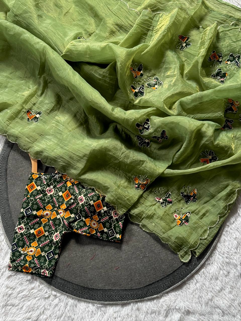 Butterfly Charm Crush Tissue Saree with Designer Bandhani Blouse  (4 Color Options Available)