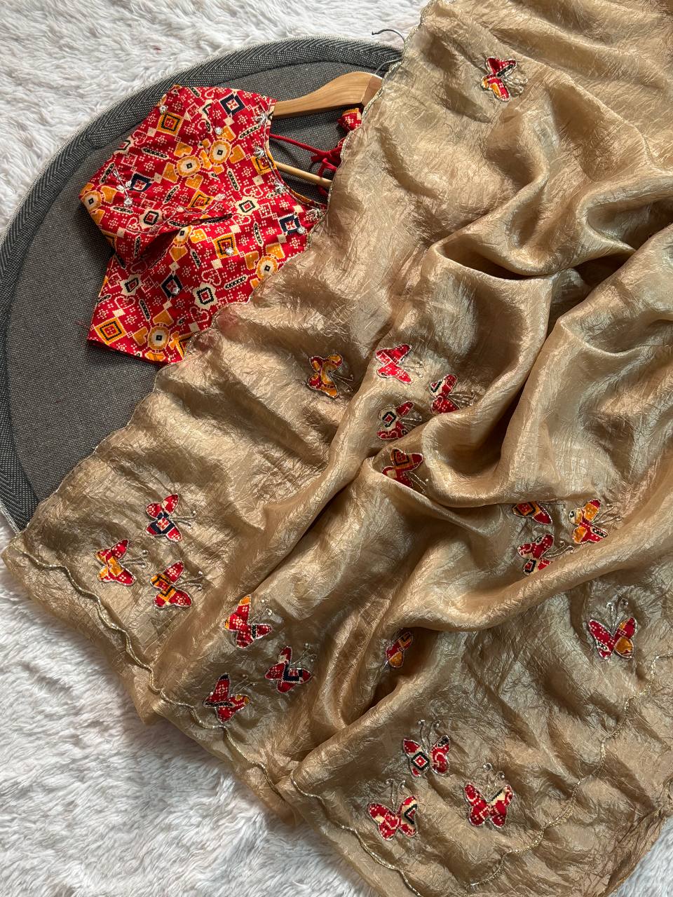 Butterfly Charm Crush Tissue Saree with Designer Bandhani Blouse  (4 Color Options Available)