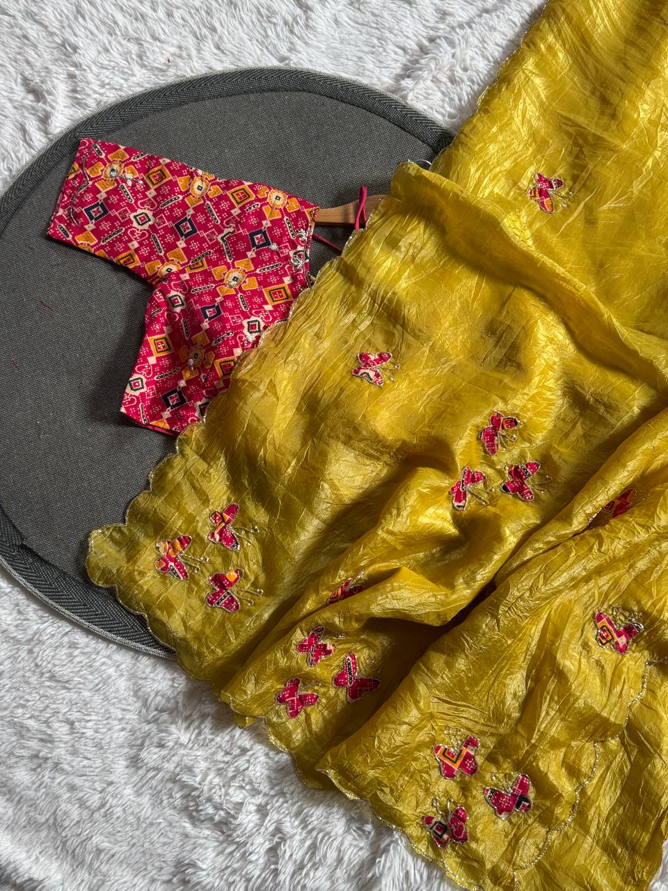 Butterfly Charm Crush Tissue Saree with Designer Bandhani Blouse  (4 Color Options Available)