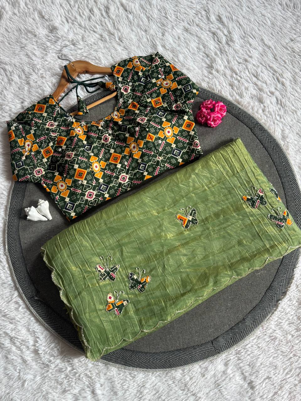 Butterfly Charm Crush Tissue Saree with Designer Bandhani Blouse  (4 Color Options Available)