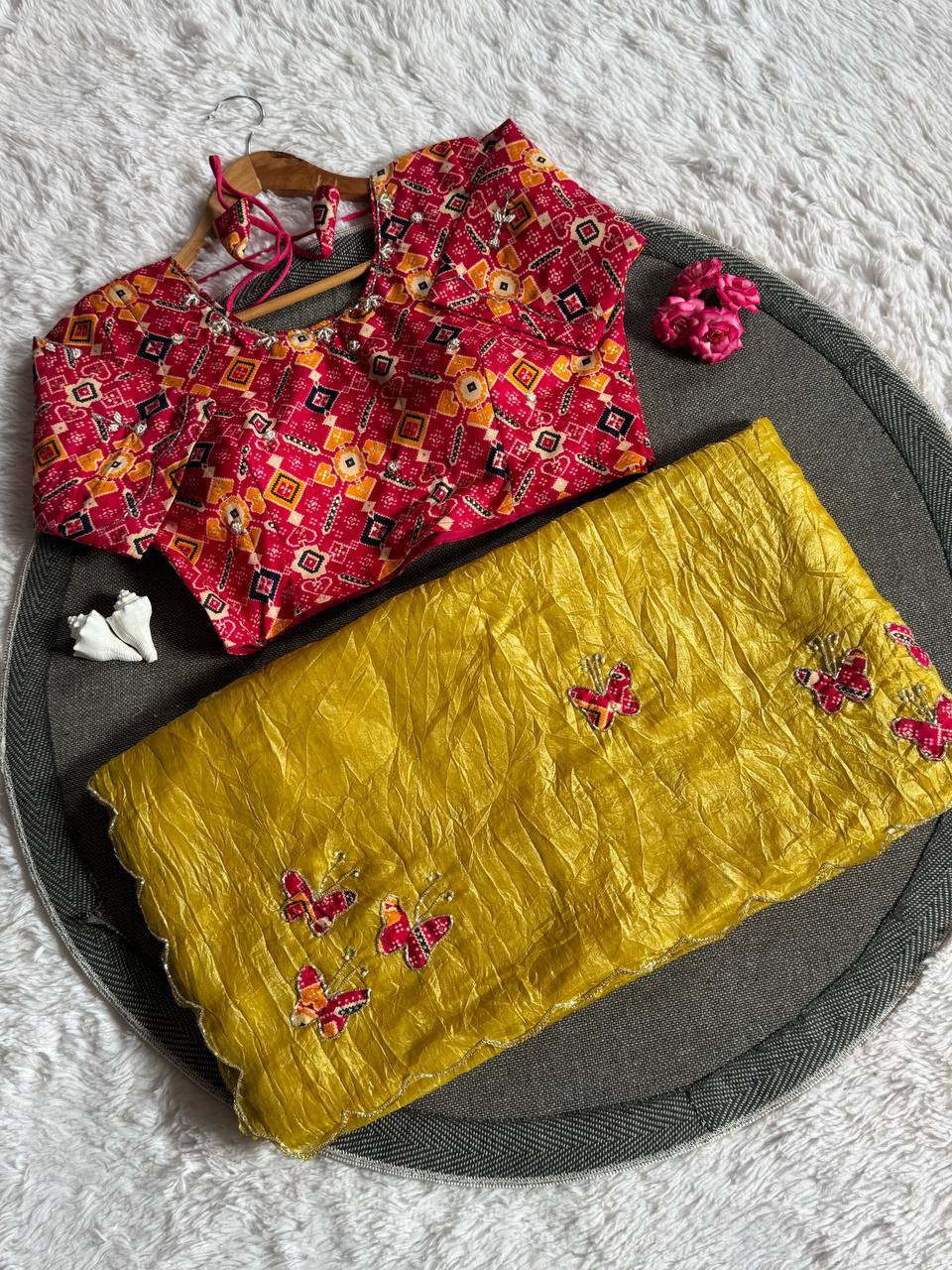 Butterfly Charm Crush Tissue Saree with Designer Bandhani Blouse  (4 Color Options Available)