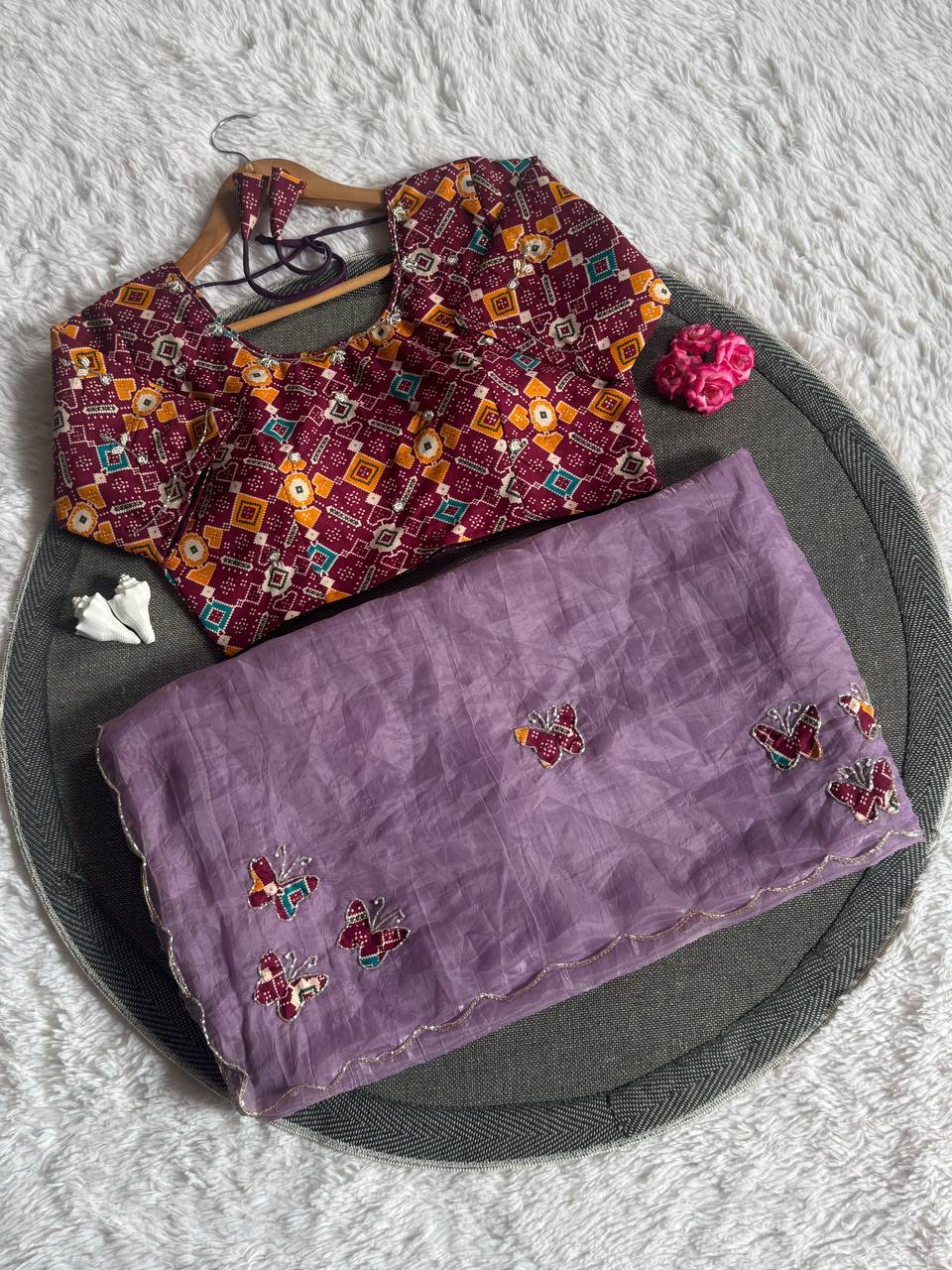 Butterfly Charm Crush Tissue Saree with Designer Bandhani Blouse  (4 Color Options Available)