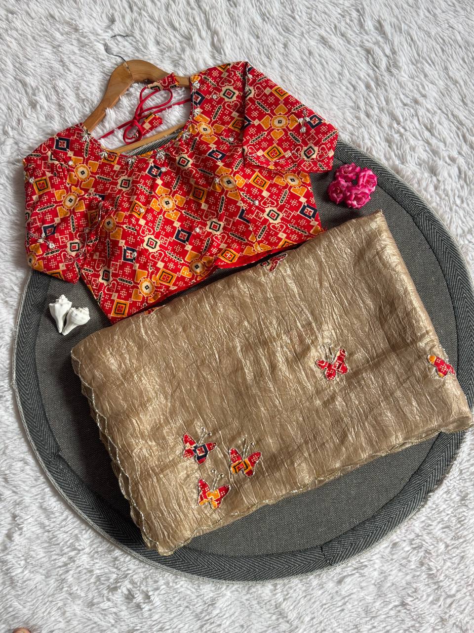 Butterfly Charm Crush Tissue Saree with Designer Bandhani Blouse  (4 Color Options Available)