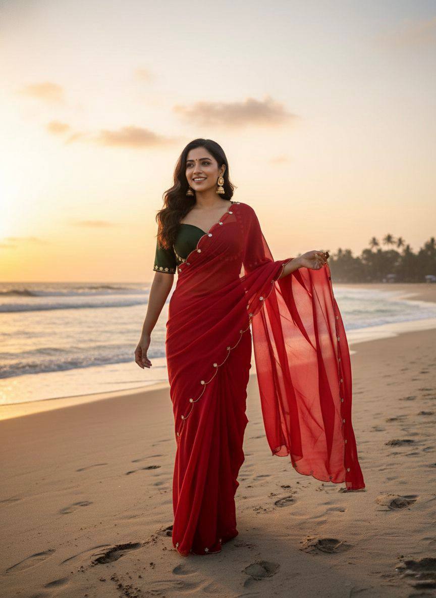 Floral Edge Chiffon Saree with Designer Blossom Blouse  (5 Color Options Available)