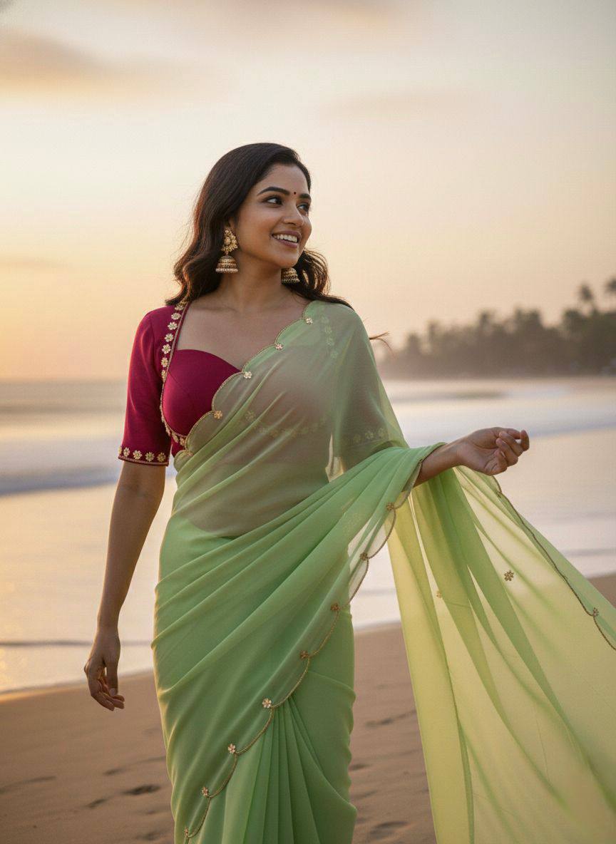 Floral Edge Chiffon Saree with Designer Blossom Blouse  (5 Color Options Available)