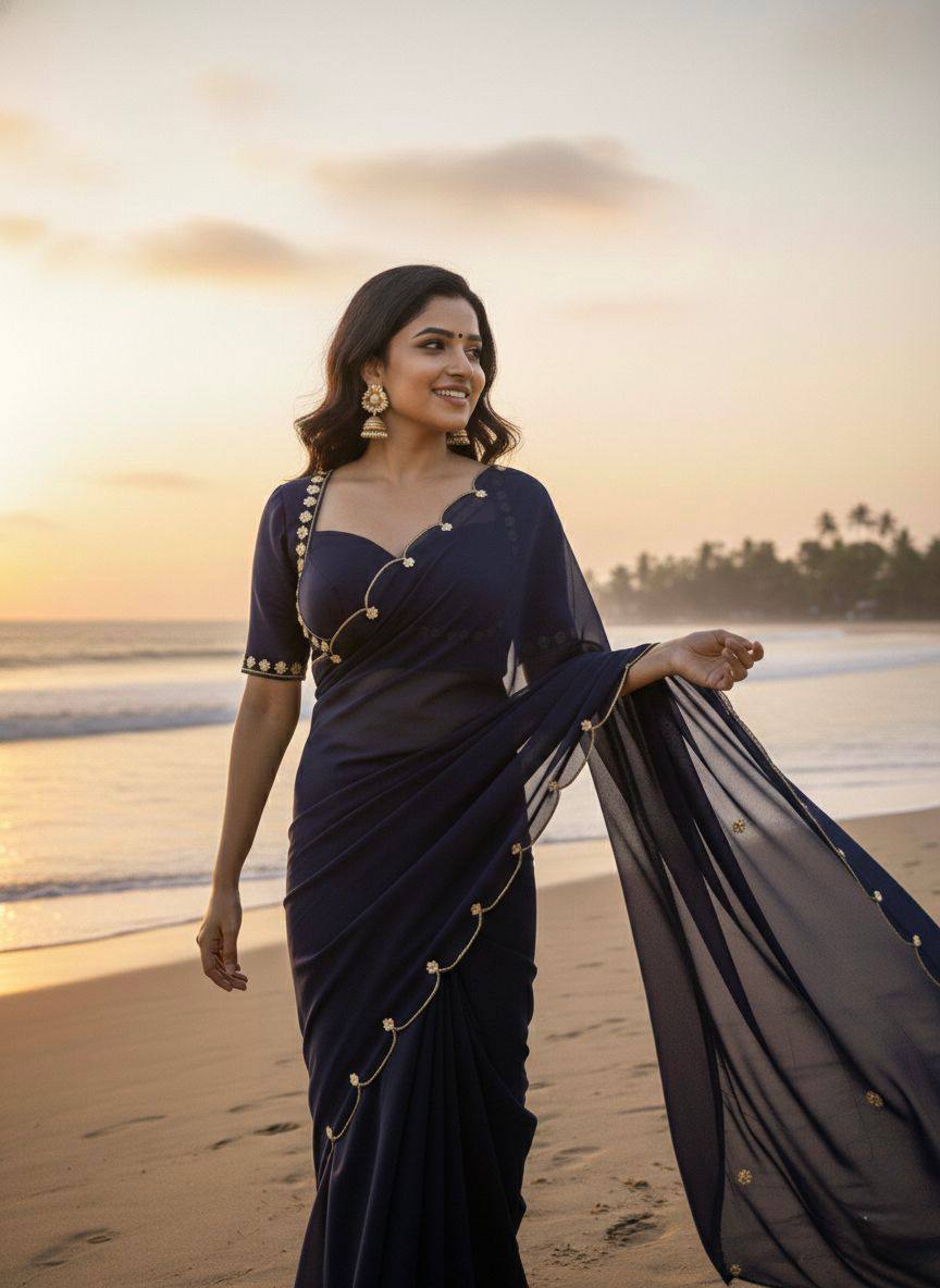 Floral Edge Chiffon Saree with Designer Blossom Blouse  (5 Color Options Available)