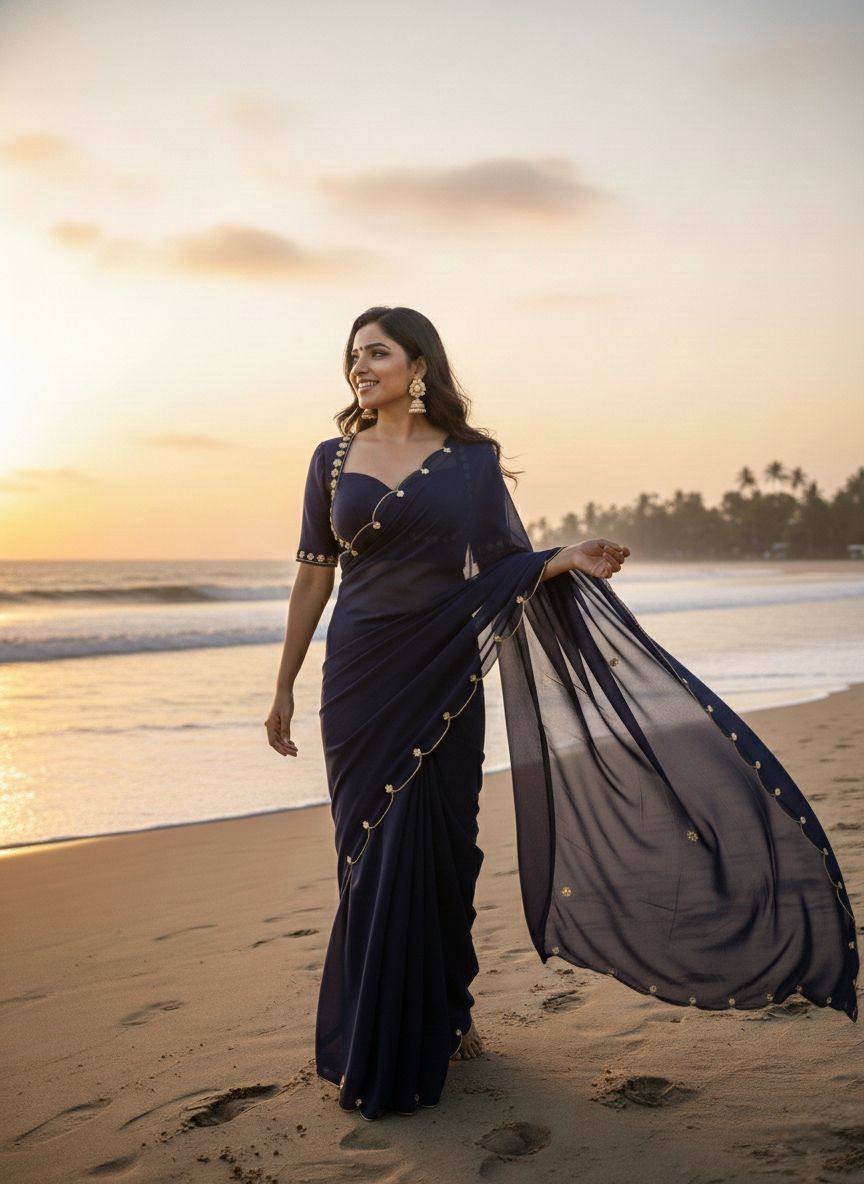 Floral Edge Chiffon Saree with Designer Blossom Blouse  (5 Color Options Available)