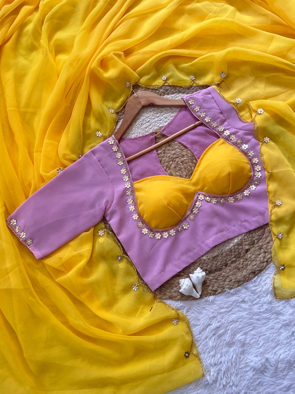 Floral Edge Chiffon Saree with Designer Blossom Blouse  (5 Color Options Available)