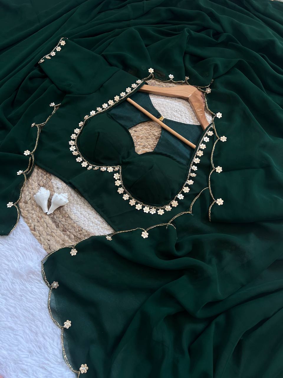 Floral Edge Chiffon Saree with Designer Blossom Blouse  (5 Color Options Available)