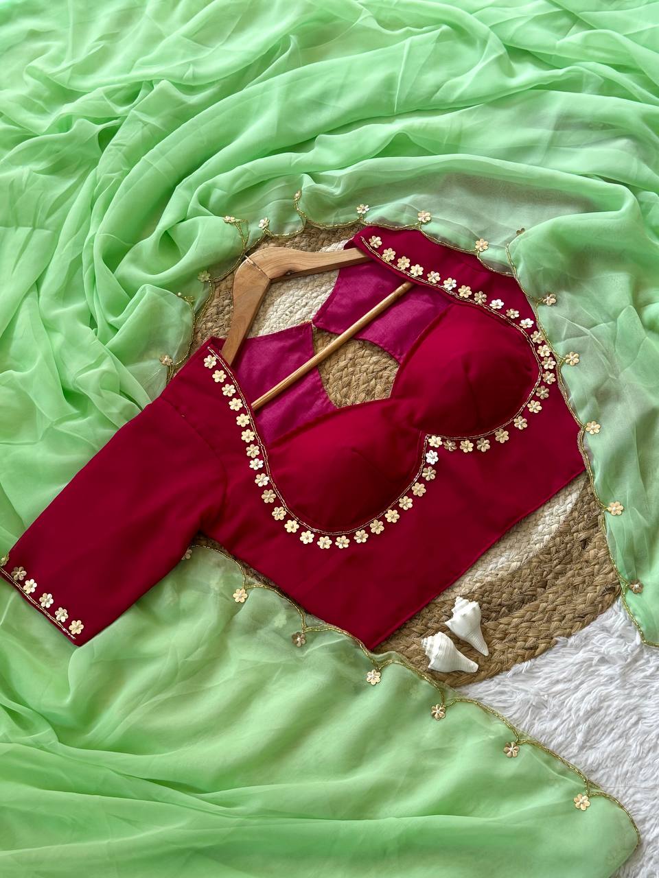 Floral Edge Chiffon Saree with Designer Blossom Blouse  (5 Color Options Available)