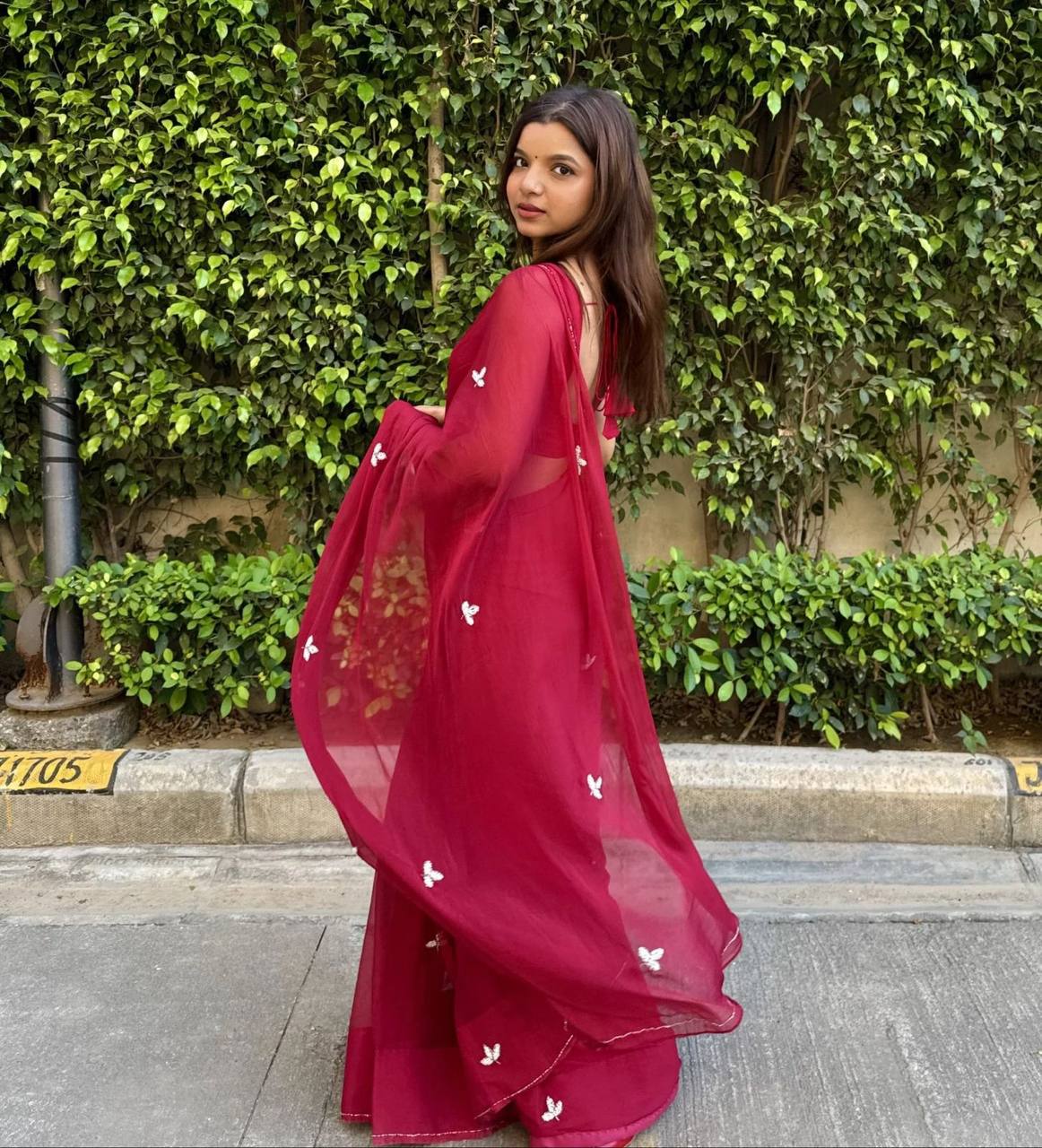 Emerald Whisper Chiffon Saree with Delicate Hand Embroidery  (2 Elegant Color Options Available)