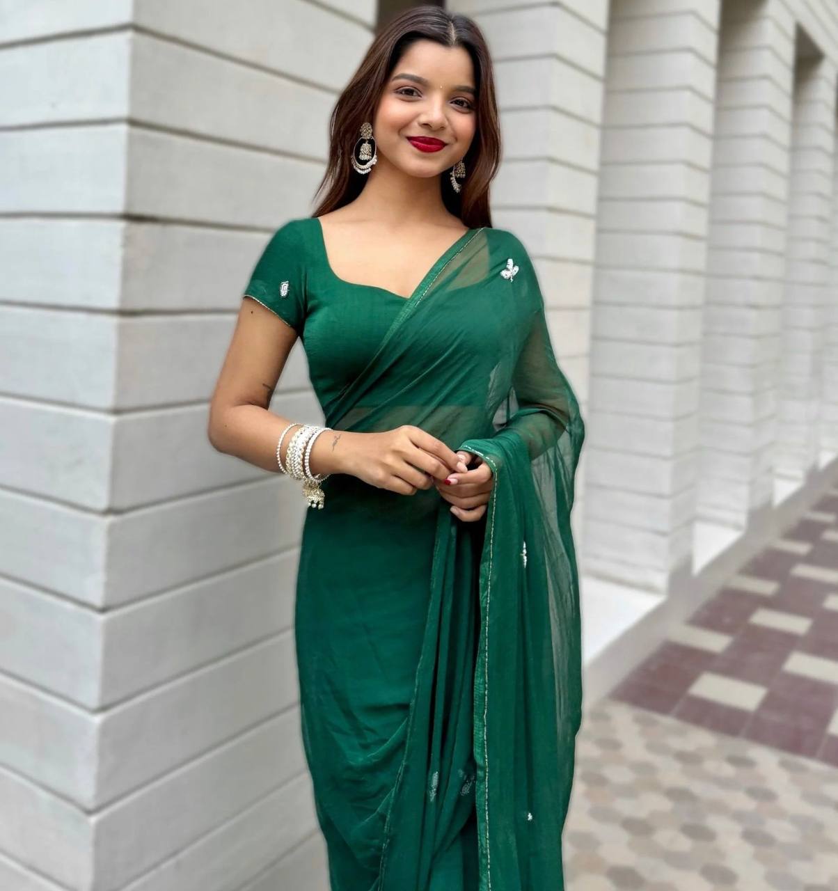 Emerald Whisper Chiffon Saree with Delicate Hand Embroidery  (2 Elegant Color Options Available)