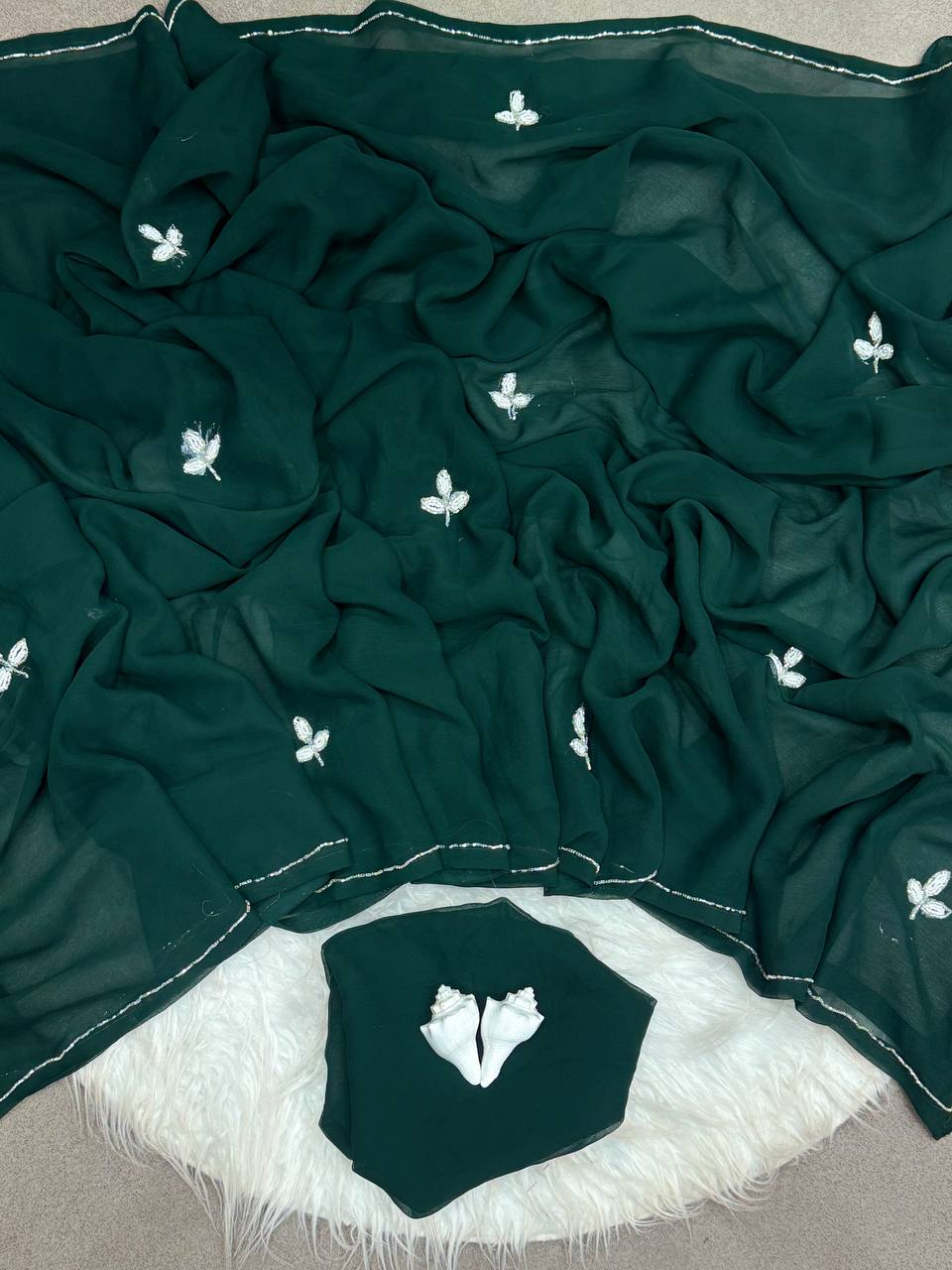 Emerald Whisper Chiffon Saree with Delicate Hand Embroidery  (2 Elegant Color Options Available)