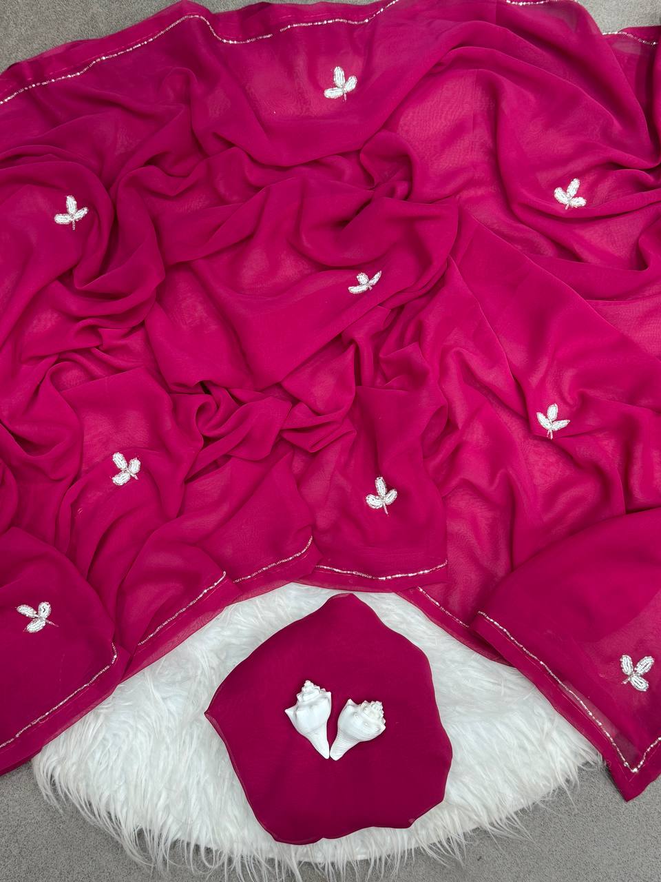 Emerald Whisper Chiffon Saree with Delicate Hand Embroidery  (2 Elegant Color Options Available)