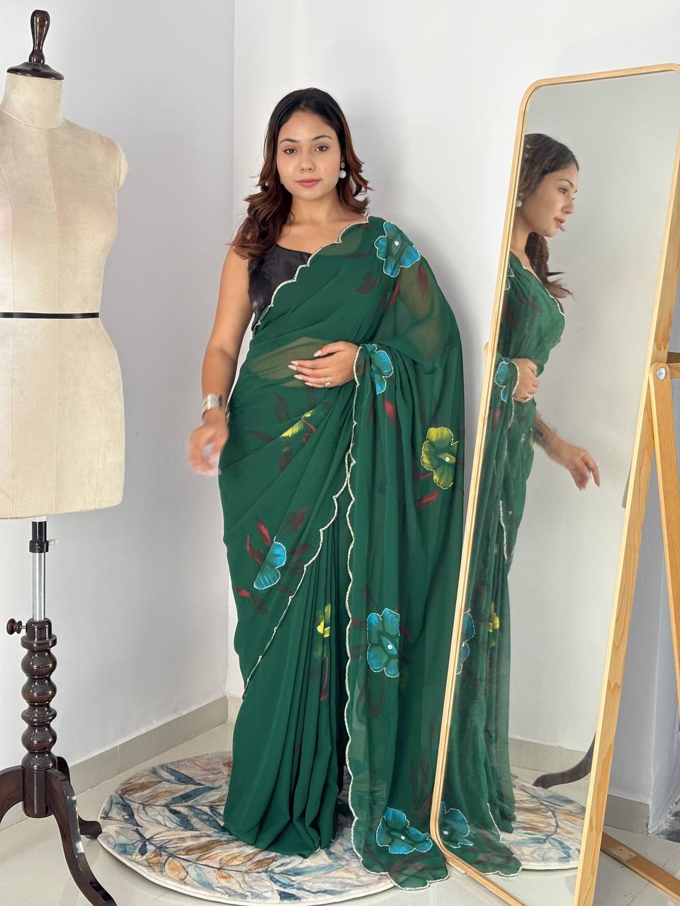 Bloom Royale Hand-Painted Chiffon Saree with Artistic Floral Motifs  (Multiple Exquisite Color Variants Available)