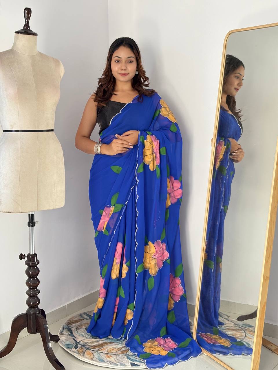Bloom Royale Hand-Painted Chiffon Saree with Artistic Floral Motifs  (Multiple Exquisite Color Variants Available)