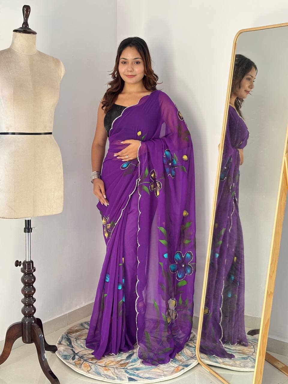 Bloom Royale Hand-Painted Chiffon Saree with Artistic Floral Motifs  (Multiple Exquisite Color Variants Available)