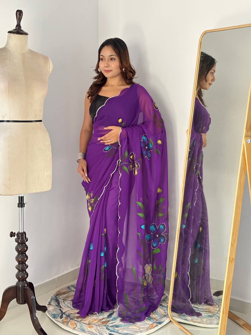 Bloom Royale Hand-Painted Chiffon Saree with Artistic Floral Motifs  (Multiple Exquisite Color Variants Available)